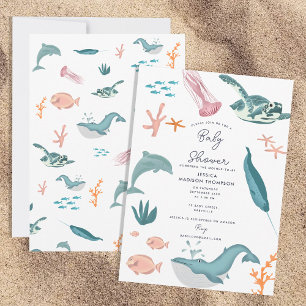 Invitation Aquarelle Océan Baby shower d'animaux marins