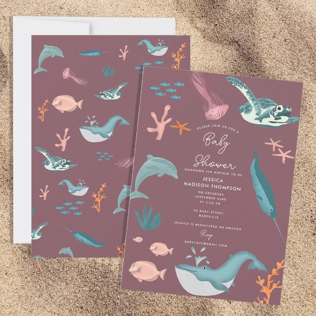 Invitation Aquarelle Océan Baby shower rose (Watercolor Ocean Sea Animals Pink Baby Shower Invitation)