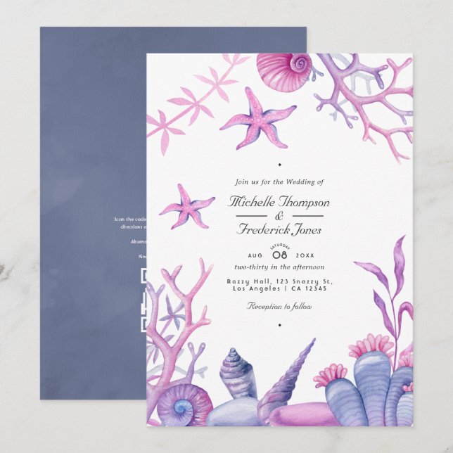 Invitation Aquarelle Ocean Life QR Code Mariage nautique (Devant / Derrière)