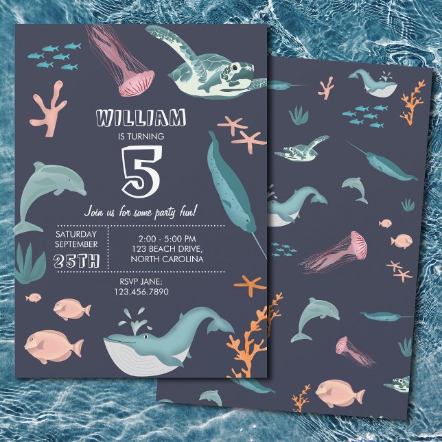 Invitation Aquarelle Océan Mer Animaux Bleus Anniversaire (Watercolor Ocean Sea Animals Blue Birthday Invitation)