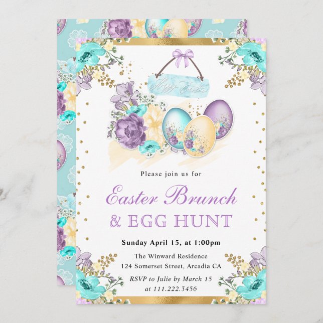 Invitation Aquarelle OEufs de chocolat Floral Brunch de Pâque (Devant / Derrière)