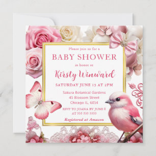 Invitation Aquarelle Oiseau Rose, Papillon Fleurs Baby Shower