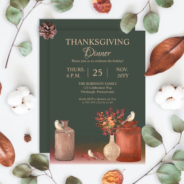 Invitation Aquarelle Oiseaux | Dîner Eucalyptus Thanksgiving (Watercolor Birds | Eucalyptus Thanksgiving Dinner Invitation -- Available in Print and/or Download)