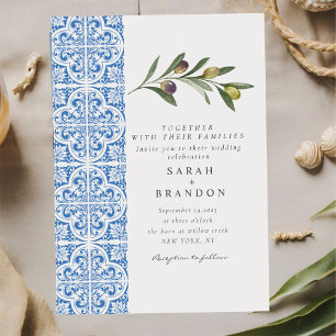 Invitation Aquarelle Olive Bleu carrelage méditerranéen Maria
