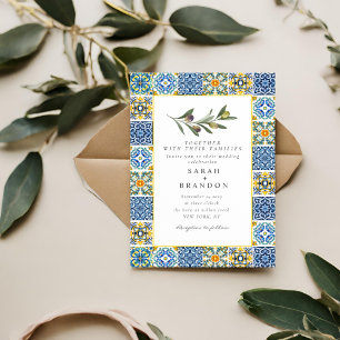 Invitation Aquarelle Olive Bleu tuiles méditerranéennes Maria
