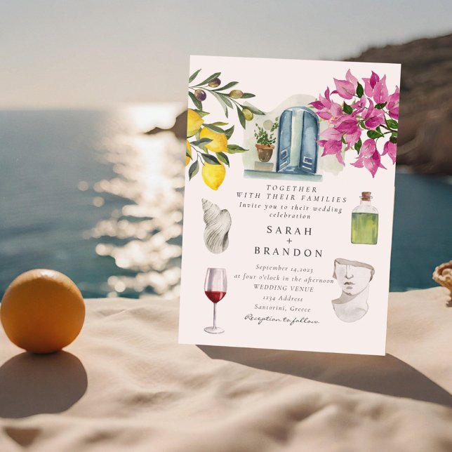 Invitation Aquarelle Olive Blue tuile Grèce Mariage (Créateur téléchargé)
