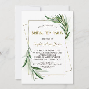 Invitation Aquarelle Olive Feuille Gold Bride Tea Party