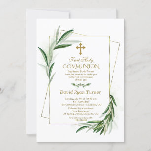 Invitation Aquarelle Olive Feuille Gold First Holy Communion