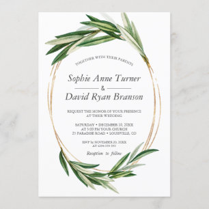 Invitation Aquarelle Olive Feuille Gold Frame Mariage