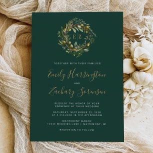 Invitation Aquarelle Olive Wreath Emerald Green Mariage or