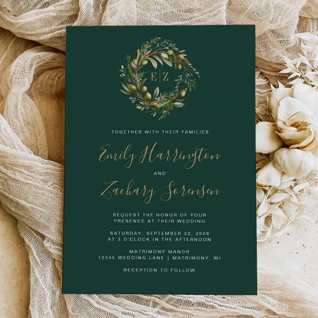 Invitation Aquarelle Olive Wreath Emerald Green Mariage or (Créateur téléchargé)