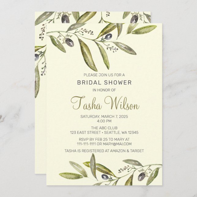 Invitation Aquarelle olivier branches nuptiale (Devant / Derrière)