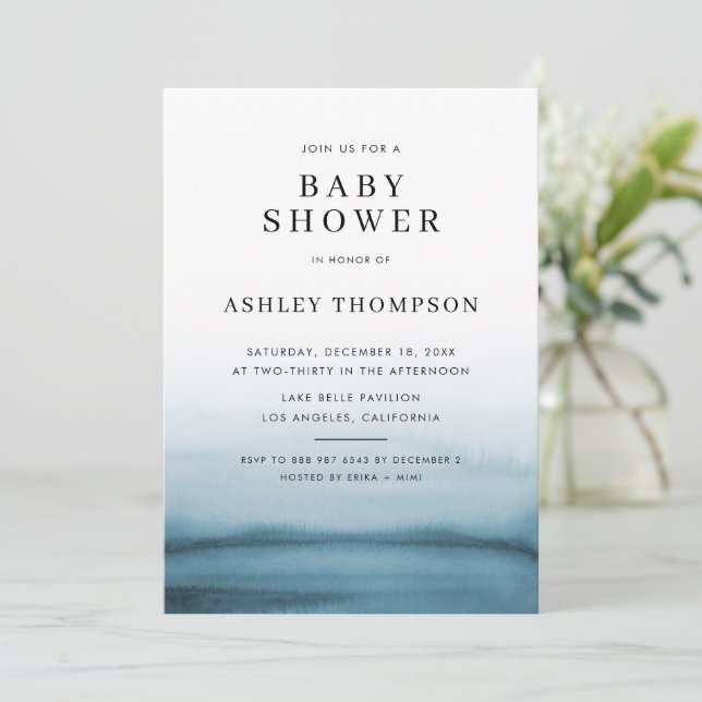 Invitation Aquarelle Ombre Marine Bleu Baby shower moderne (Debout devant)