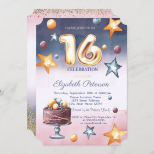 Invitation Aquarelle Ombre Stars Gâteau Diamants doux 16