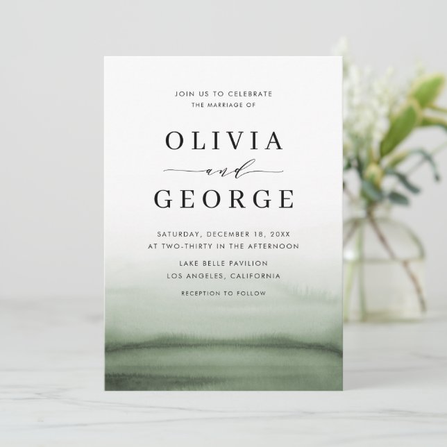 Invitation Aquarelle Ombre Vert Mariage moderne (Debout devant)