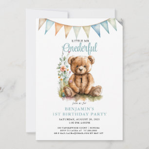 Invitation Aquarelle Onederful Teddy Bear Boy 1er anniversair
