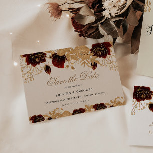 Invitation Aquarelle Or Bourgogne Roses Enregistrer La Date