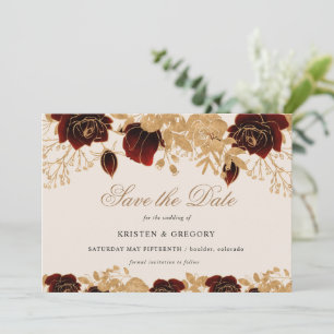 Invitation Aquarelle Or Bourgogne Roses Enregistrer La Date