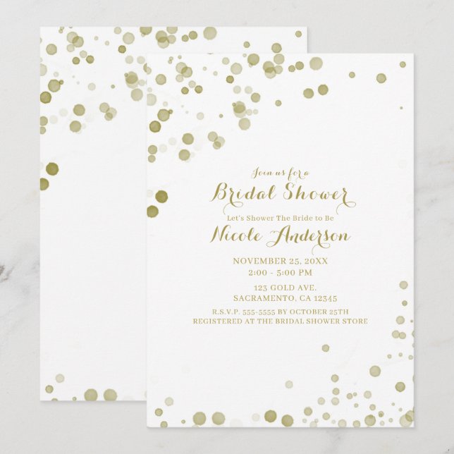 Invitation Aquarelle or Dots Fête des mariées moderne propre (Devant / Derrière)