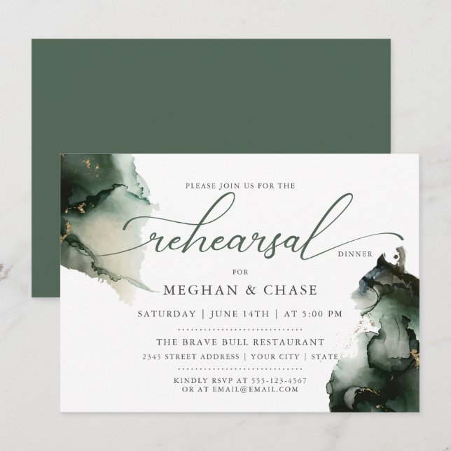 Invitation Aquarelle or et couleur verte Sage (Devant / Derrière)