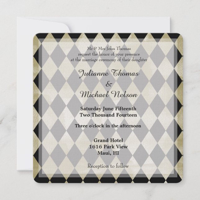 Invitation Aquarelle or et diamants noirs Mariage (Devant)