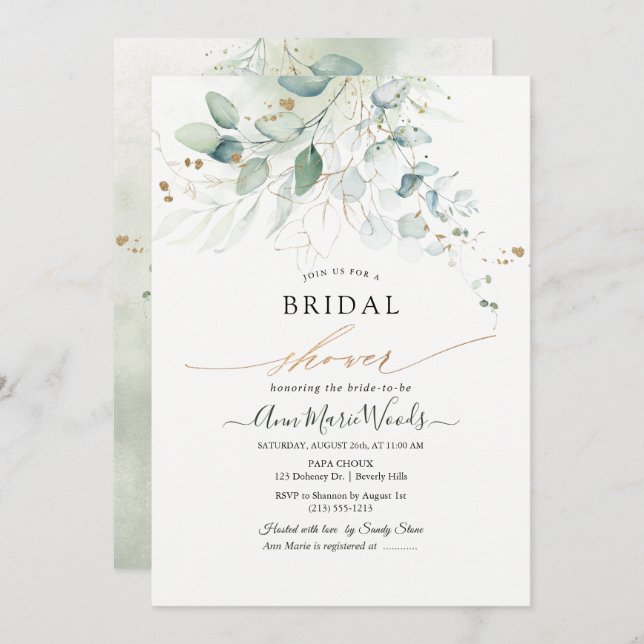 Invitation Aquarelle or Faux Fête des mariées Eucalyptus (Devant / Derrière)