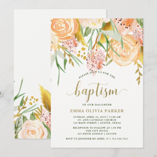 Invitation Aquarelle or Floral sur blanc | Baptême (Devant / Derrière)