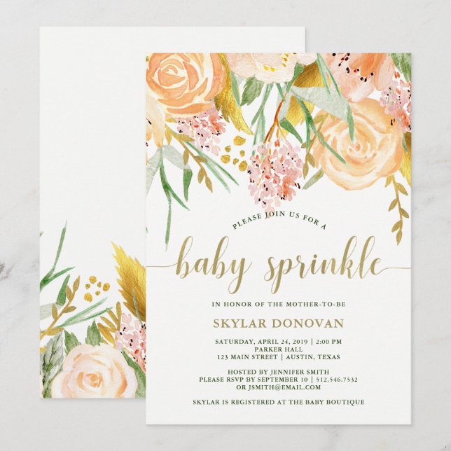 Invitation Aquarelle or Floral sur blanc | Saupoudrer bébé (Devant / Derrière)