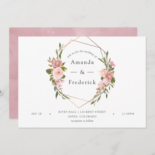 Invitation Aquarelle or Géométrique Blush rose Roses Mariage (Devant / Derrière)