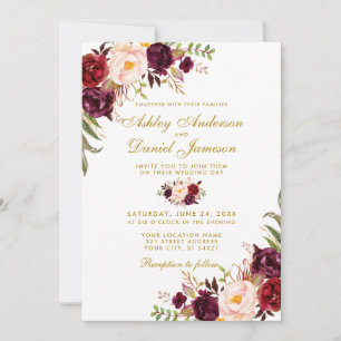 Invitation Aquarelle or mariage Bourgogne Floral W