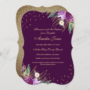 Invitation Aquarelle Or Purple Fleur Baptême