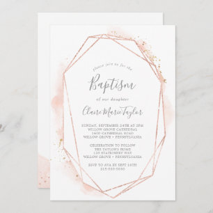 Invitation Aquarelle or rose Baptême géométrique