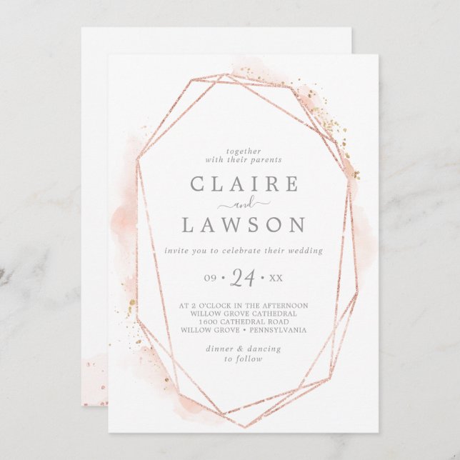 Invitation Aquarelle or rose Géométrique tout en un Mariage (Devant / Derrière)