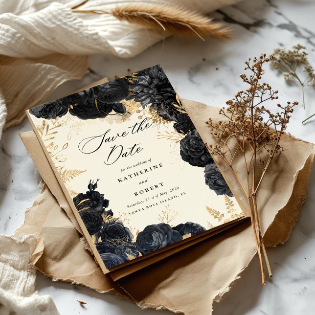 Invitation Aquarelle or Roses noirs Enregistrer la date (Créateur téléchargé)