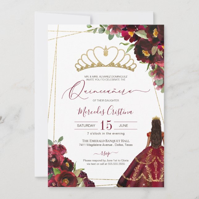 Invitation Aquarelle or rouge Bourgogne Floral Quinceañera In (Devant)