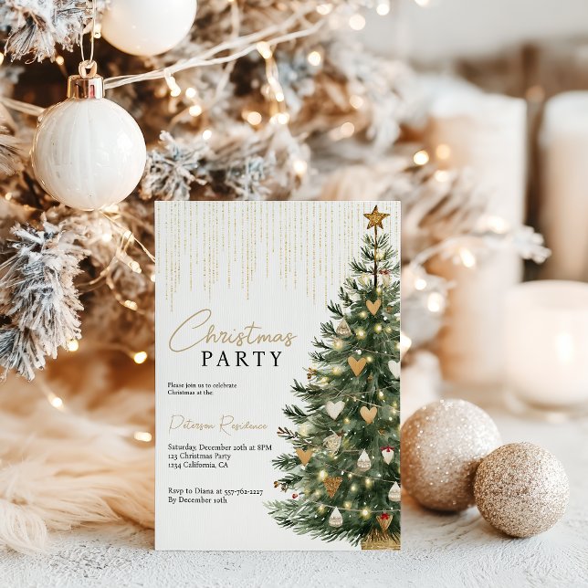 Invitation Aquarelle or Scandi Arbre de Noël hiver (Scandi Gold Watercolor Christmas Tree Winter Invitation)