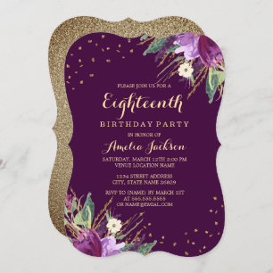 Invitation Aquarelle or violet Fleur 18e anniversaire