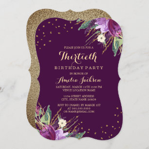 Invitation Aquarelle or violet Fleur 30e anniversaire