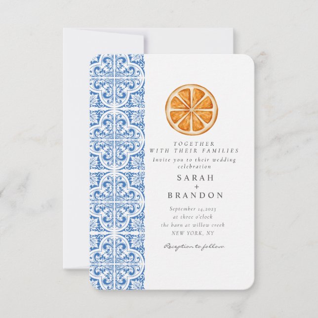 Invitation Aquarelle Orange Bleu Mariage méditerranéen (Devant)