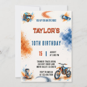 Invitation Aquarelle Orange Bleu Moto Cross Anniversaire