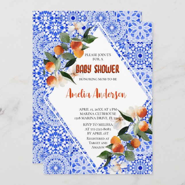 Invitation Aquarelle Orange Citrus Baby shower méditerranéen (Devant / Derrière)