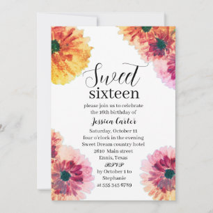 Invitation Aquarelle Orange Dahlia Daisy Sweet 16 Seize