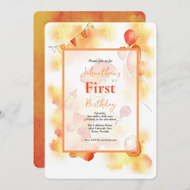 Invitation Aquarelle orange de premier anniversaire mignonne  (Devant / Derrière)
