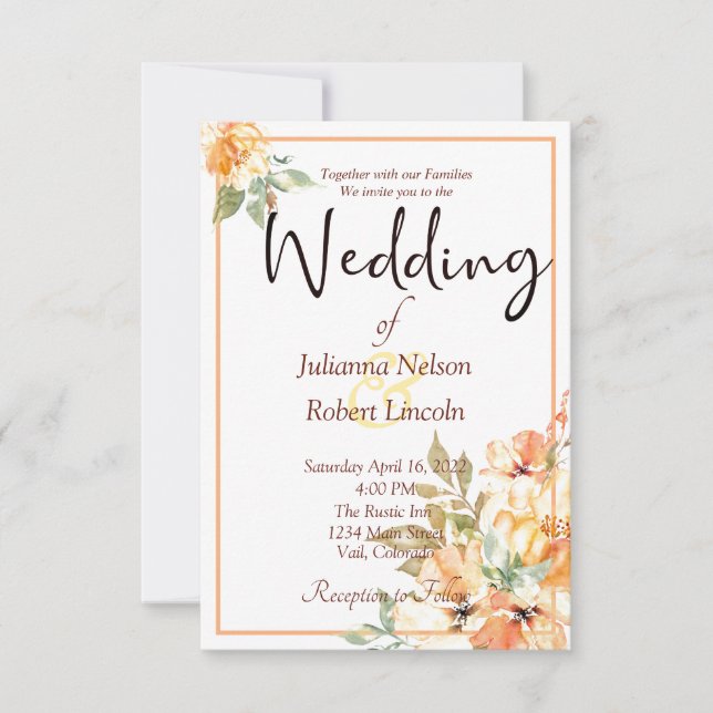 Invitation Aquarelle orange et jaune mariage floral invita (Devant)