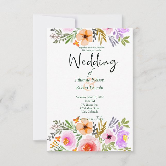 Invitation Aquarelle orange et violet mariage floral invita (Devant)