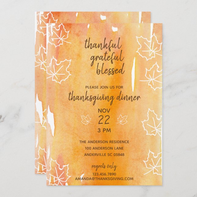 Invitation Aquarelle orange Feuille d'érable Thankgiving Dine (Devant / Derrière)