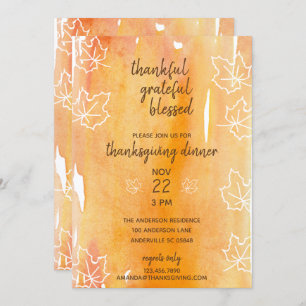 Invitation Aquarelle orange Feuille d'érable Thankgiving Dine