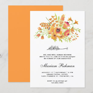 Invitation Aquarelle orange Floral Baby Girl Aqiqah