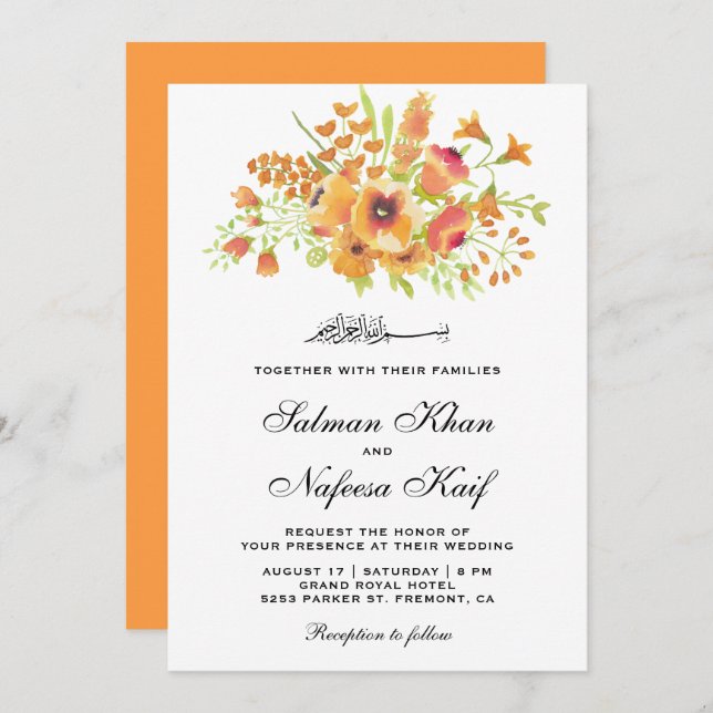 Invitation Aquarelle orange Floral Mariage musulman islamique (Devant / Derrière)