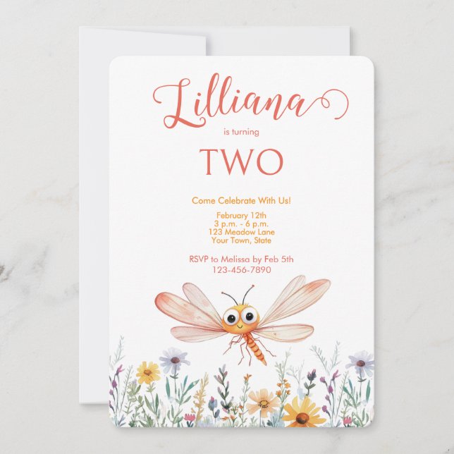 Invitation Aquarelle orange mignonne dragonfly Girl'anniversa (Devant)